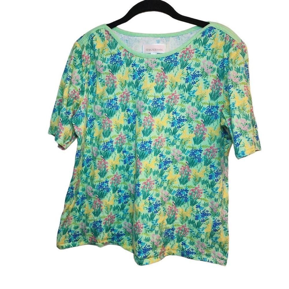 Stan Herman Women's Floral Shirt Top Cotton Short Sleeve Casual Green Small
